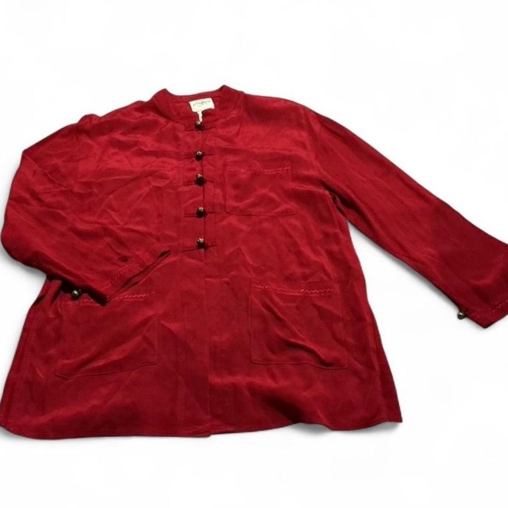 Vtg Jessica Tierney Red Mandarin Collar Jacket Loose Longsleeve Blouse Sz 6 USA